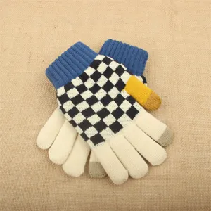 Vista dettagliata dei guanti in maglia, motivo a quadretti con polsino blu e pollice giallo.
