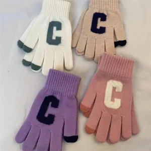 Gants tricotés chauds d'hiver pour femmes avec lettre C, gants thermiques tactiles à cinq doigts