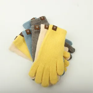 Women winter warm knitted wool gloves with cute bear patch, soft and comfortable daily wear.