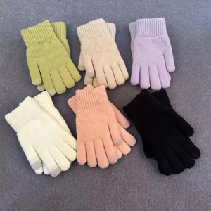Women winter knitted gloves touchscreen diamond pattern thick warm solid color knitted mittens