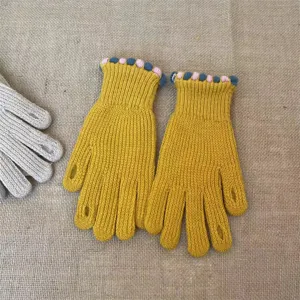 Knit winter warm gloves for women, solid yellow touch screen fingerless gloves with cute cuffs