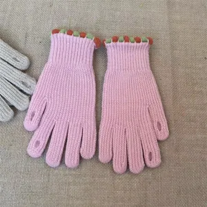 Winter cute knitted touchscreen gloves for women, solid pink color with adorable cuff details.