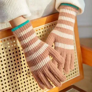 Korean knit striped gloves for women, winter warm long five-finger design, stylish detail view.
