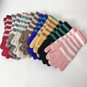 Women winter striped knit five-finger gloves stylish colorful dopamine warm long gloves
