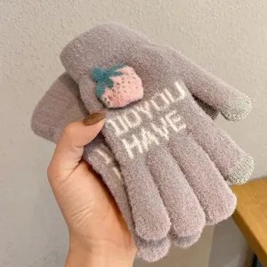 Women winter warm knit touch screen gloves with cute strawberry and letter pattern grey thick