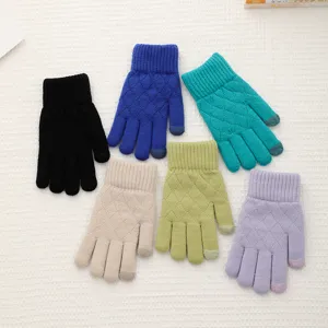 Women winter warm knit touchscreen gloves, diamond jacquard pattern, multiple bright colors.