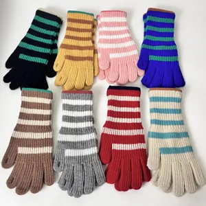 Women Winter Warm Knit Striped Touch Screen Open Finger Long Gloves Faux Cashmere Soft Fashion Daily Handwear Accessories