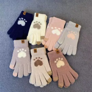 Cute cat paw knit touch screen gloves for women, winter warm thick woolen gloves multi-color.