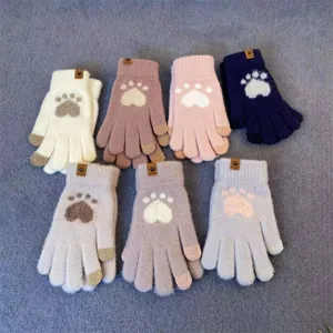Women winter warm knit touchscreen gloves cute cat paw pattern thick soft woolen gloves