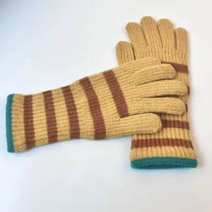 Detailed view of striped knit touchscreen gloves with warm long cuffs for winter wear.