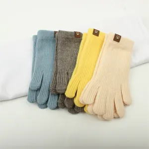 Women winter warm knitted gloves set, soft touch screen woolen gloves with cute bear tag.