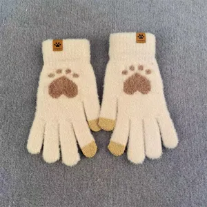 Cute winter warm touch screen knit gloves for women, thick plush cat paw design fashion style.