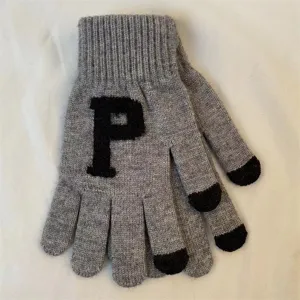 Gants tricotés chauds d'hiver tactile couleur unie lettre P en laine pour femmes