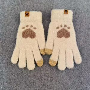 Cute Cat Paw Knitted Touch Screen Winter Warm Thickened Woolen Gloves For Women Students