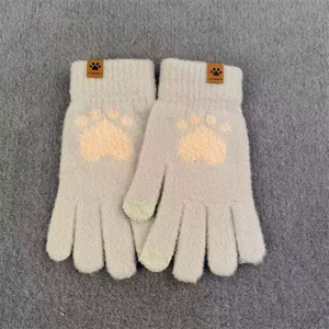 Women winter warm knitted touch screen gloves cute cat paw print thick soft mittens for daily wear
