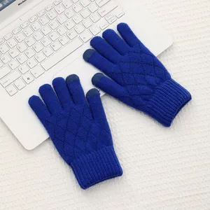 Women winter warm knitted touch screen gloves blue thick thermal mittens for cold weather outdoor