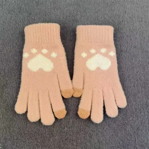 Cute pink cat paw knit gloves with touch screen fingertips. Soft warm winter thermal gloves.