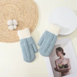 Moffole invernali calde in maglia con polsino in peluche, guanti blu a trecce da donna.
