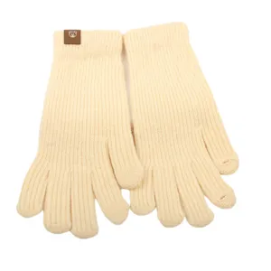 Beige knit touchscreen gloves for women winter warmth stylish ribbed cuffs cute bear patch.