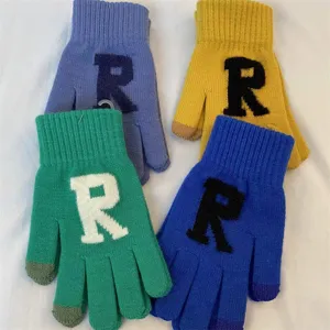 Gants en laine tricotée chauds d'hiver avec lettres écran tactile cinq doigts de couleur unie