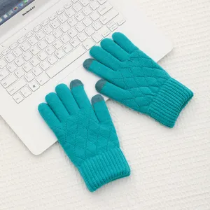 Women winter warm knit touch screen gloves teal color diamond jacquard thermal gloves
