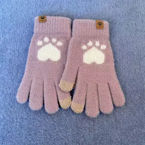 Cute winter knit touchscreen gloves for women, warm fleece-lined furry paw print mittens.