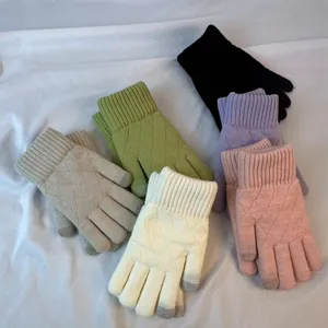 Women's winter warm knitted touchscreen gloves with classic diamond pattern and ribbed cuffs.