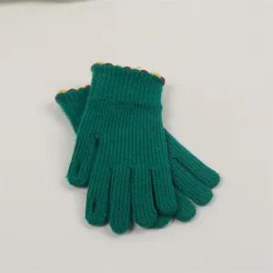 Green knit fingerless gloves for women, winter warm wool gloves with cute colorful cuffs.