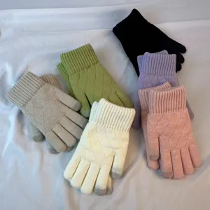 Korean style knitted winter warm gloves with diamond pattern, soft multi-color cozy touchscreen.
