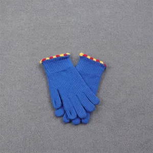 Blue knit gloves with colorful cuffs, warm winter five-finger thermal hand wear detail.