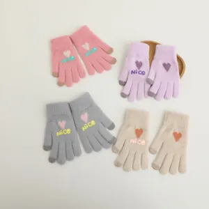 Women winter touchscreen knitted gloves with cute heart pattern, warm outdoor gloves main.