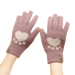 Women's cute heart paw knitted touchscreen gloves winter warm thick wool thermal mittens