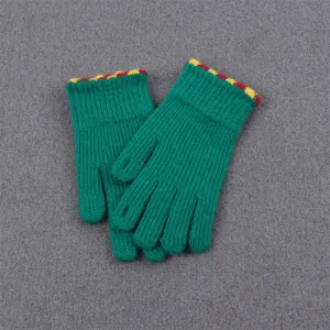 Green knit winter gloves detailed view, showing textured woolen ribbed cuffs with colorful trim.
