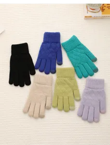 Women winter warm knit touchscreen gloves with diamond jacquard pattern, multi-color options.