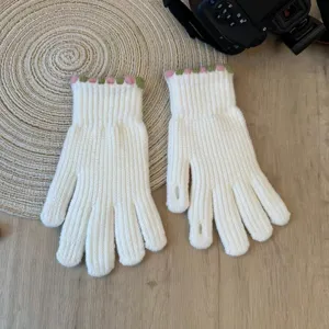 Korean style winter warm fingerless knitted gloves for women cute solid color wool mittens.