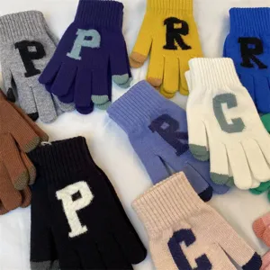 Gants tricotés chauds d'hiver avec motifs de lettres, matière en laine douce, compatibles tactiles.