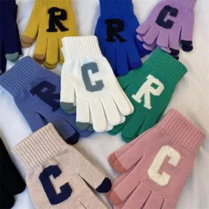 Gants tricotés chauds d'hiver pour femmes tactile design lettre mignons style étudiant chic
