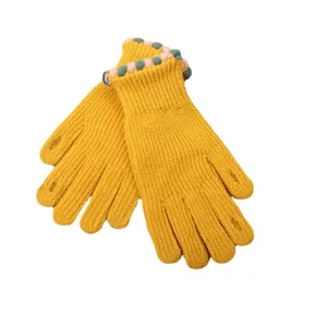 Women winter warm yellow knit gloves with cute dot cuff fingerless design for daily use