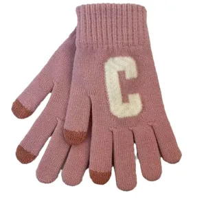 Gants tricotés d'hiver pour femmes chauds tactiles roses avec lettre C élégants et doux chauds