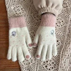 Cute knitted touch screen gloves for women winter warm fluffy plush bunny embroidery detail