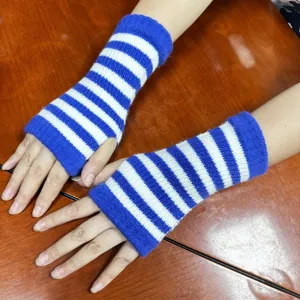 Knit striped fingerless gloves and arm warmers for women winter warm accessory detail view.