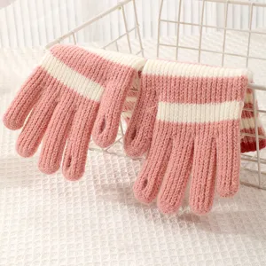 Knit striped fingerless gloves detail view, warm winter thermal gloves for women with cozy design.