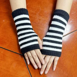 Black and white striped knitted arm sleeves, winter warm half-finger gloves for women.