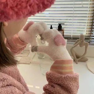 Cute plush touchscreen winter gloves for women warm knitted mittens with cute paw design
