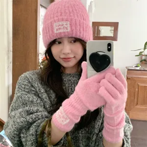 Korean style pink knitted beanie and long split-finger gloves set, warm winter wear.