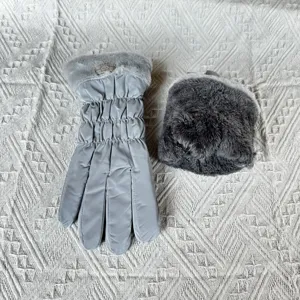 Detailed view of women winter warm plush touch screen gloves and matching set, stylish coldproof.