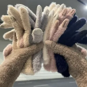 Plush knit touchscreen winter gloves, warm fuzzy five finger gloves for women and girls.