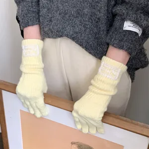 Korean style long knit split finger gloves with lace label, warm autumn winter warm accessory.