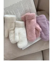 Guanti di peluche ispessiti invernali caldi, morbide moffole di maglia da donna, comoda protezione.