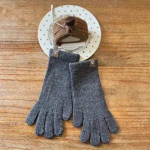 Women winter warm dark gray knitted long gloves, simple solid color casual daily wear style.